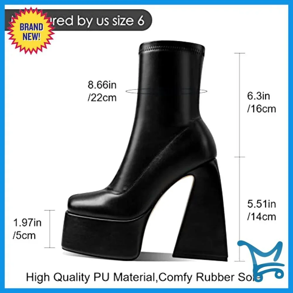 Platform Ankle Boots Square Toe Chunky Heel Side Zipper Mid Calf
